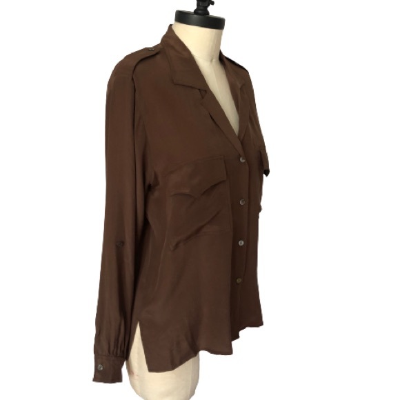 Vintage 100% Silk Button Up Safari Blouse Front Pockets Carole Little St Tropez - Picture 6 of 16